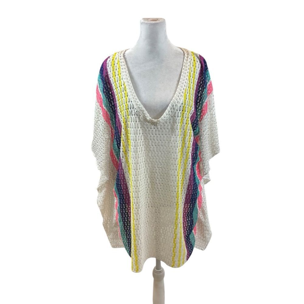 Ladies Roxy Open Mesh White and Rainbow Stripes V Neck Swim Cover Ip Size Small
